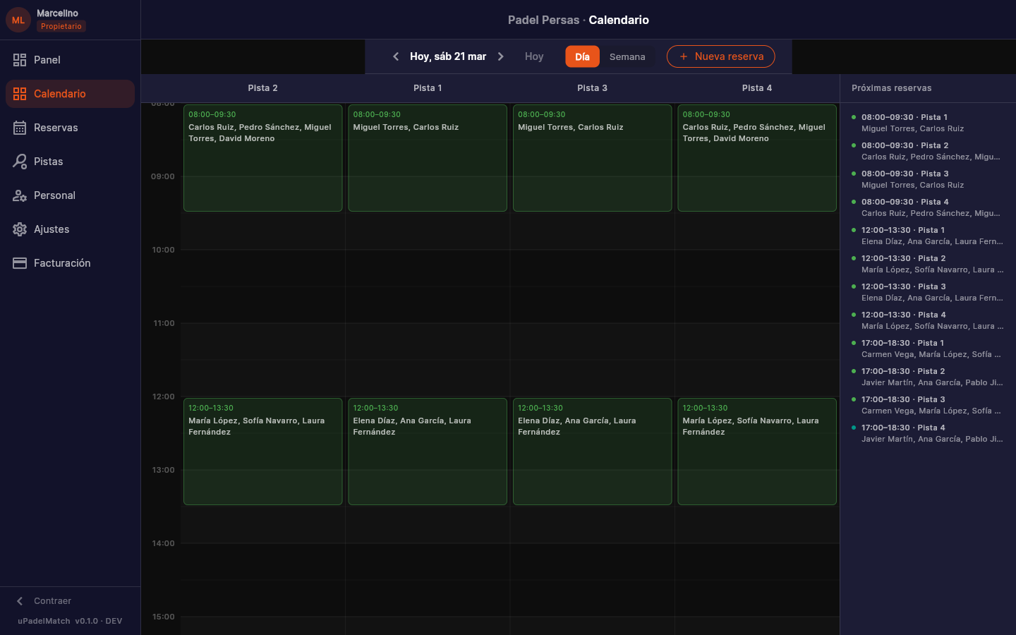Calendario diario con reservas por pista y hora