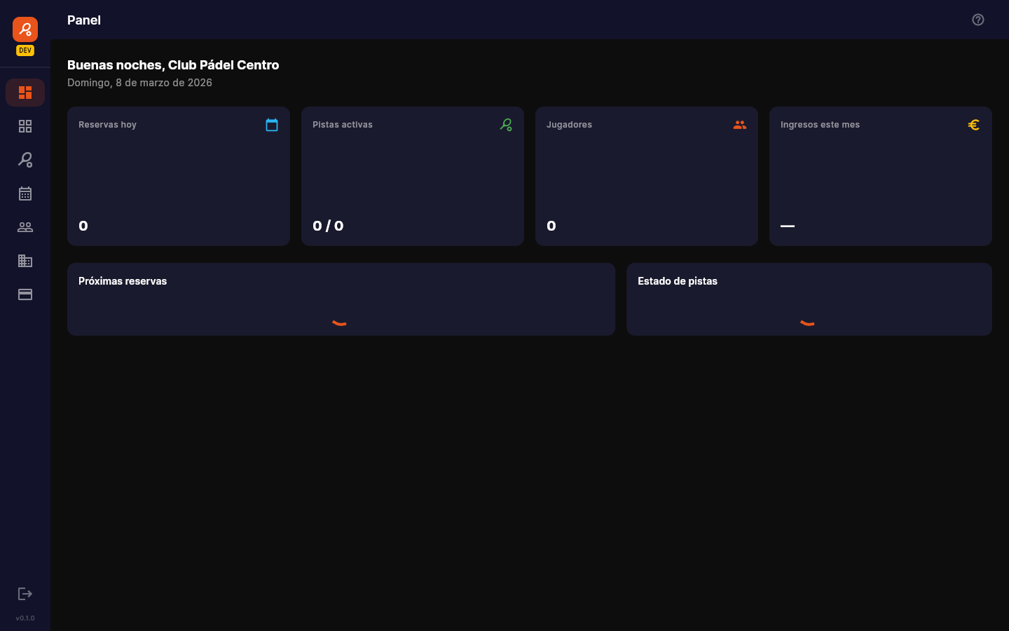 Club management dashboard — bookings, courts and players for the day